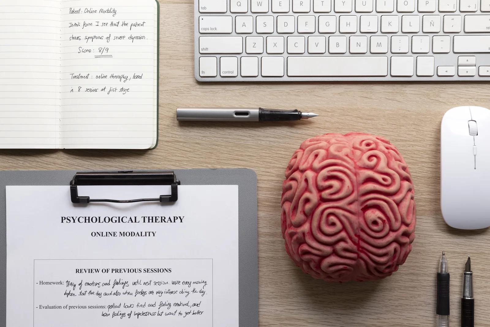 A top view of a psychological clinic desk for doctors consulting patients.