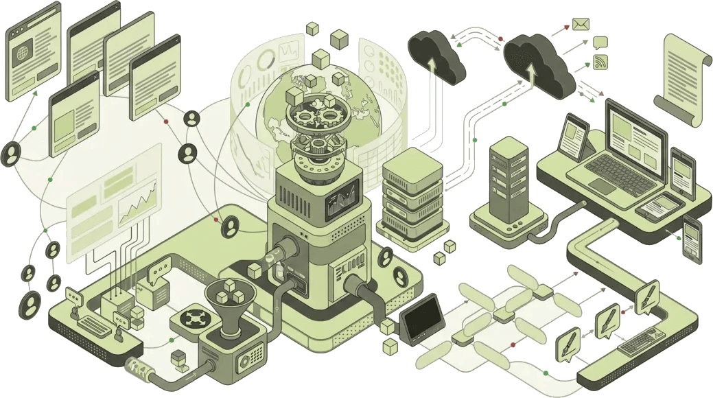 Isometric illustration of an experience-research publishing pipeline: articles and participant reports funneled into a processing engine crowned by a globe of gears, then synced through the cloud to servers, dashboards, and mobile devices