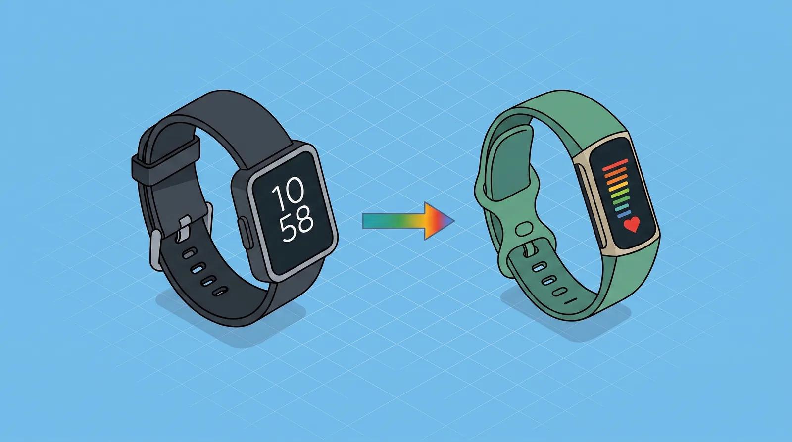 Isometric illustration of two wrist wearables on a pale blue grid background — a dark square smartwatch showing the time on the left, a colour-gradient arrow, and a green fitness band showing coloured activity bars and a heart icon on the right