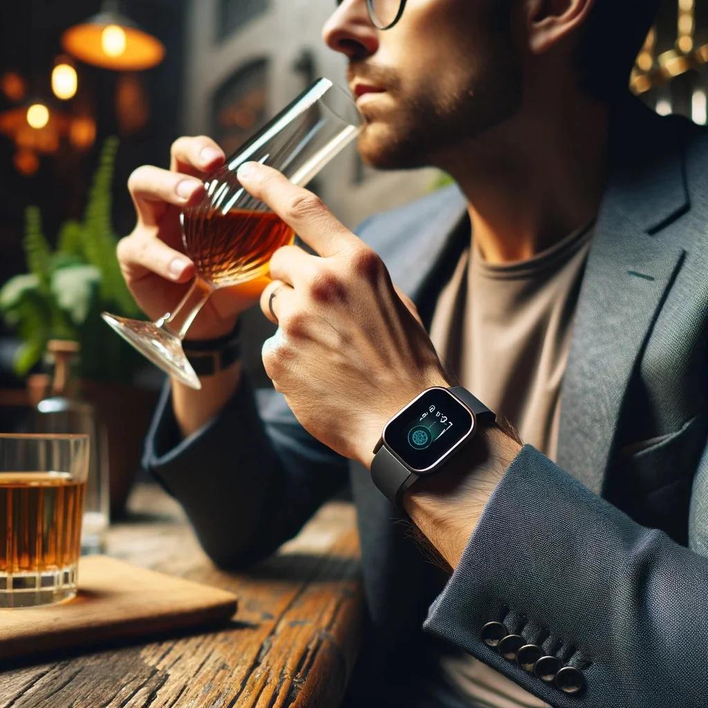 a man drinking wine with alcohol sensor