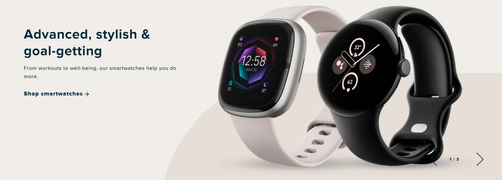 A website banner of Fitbit Smartwatches for workouts to well-being