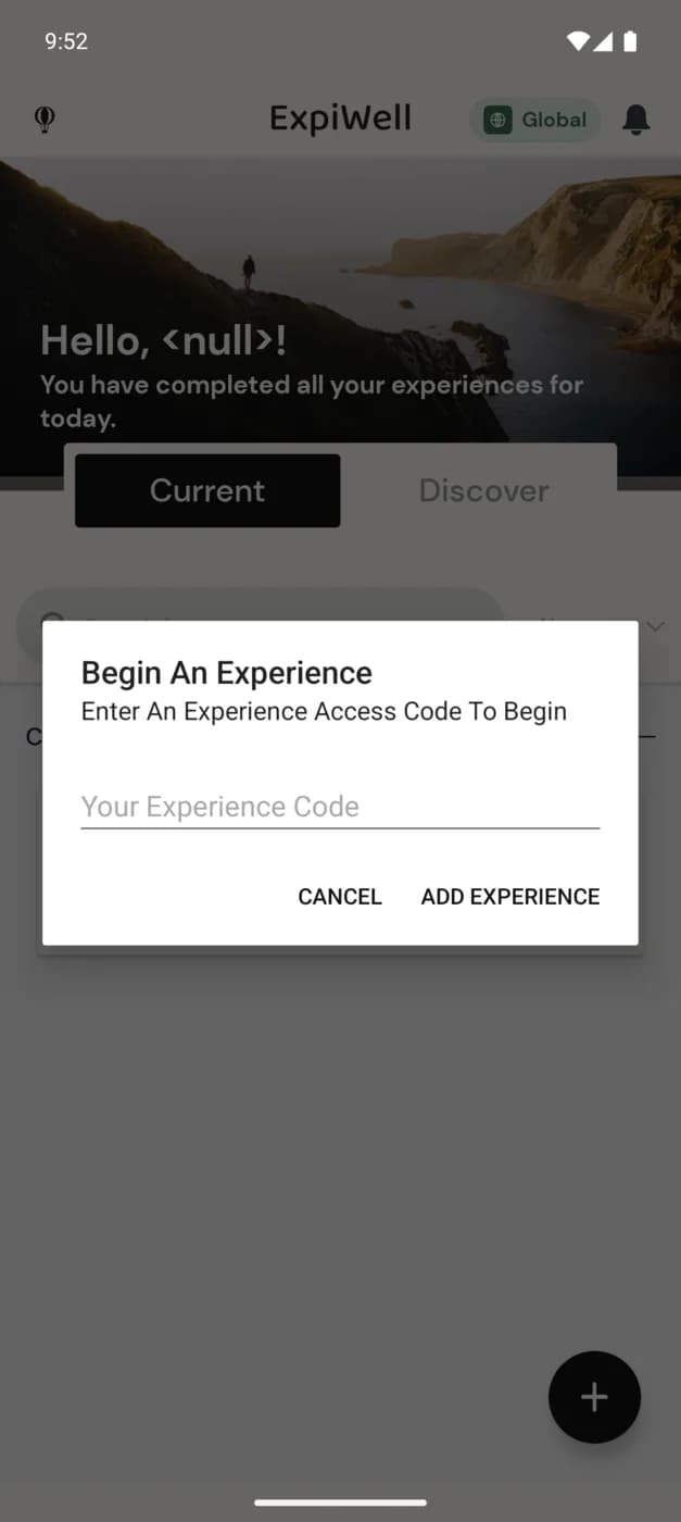 The Begin An Experience dialog with a field for the experience access code and Cancel / Add Experience buttons