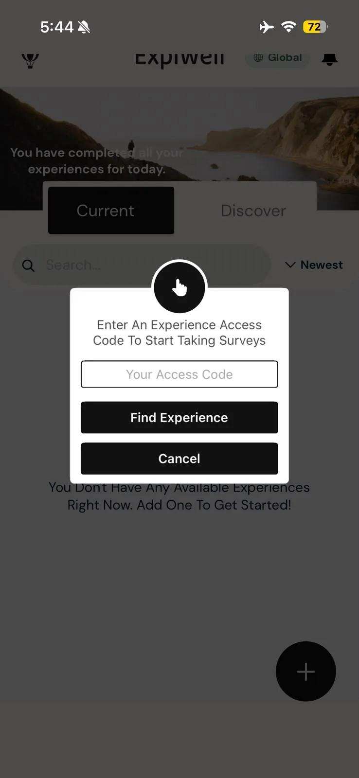 The access code dialog on iOS reading Enter An Experience Access Code To Start Taking Surveys, with a Your Access Code field and the Find Experience and Cancel buttons