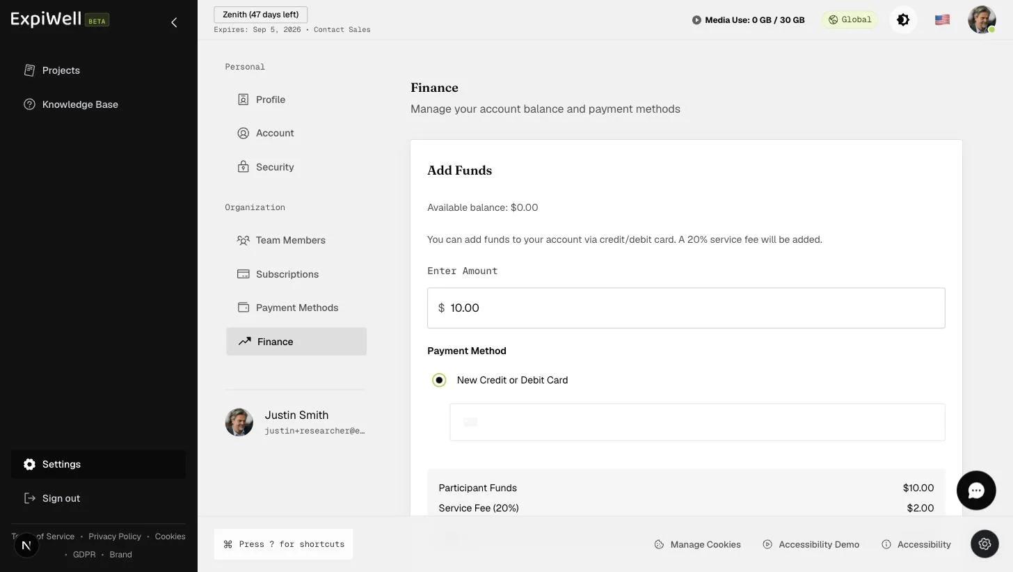 The Finance settings page with the Add Funds card showing available balance, an amount field, the 20% service-fee note, and payment-method options