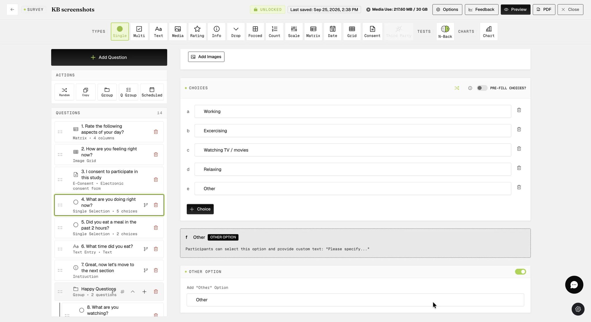 The same question scrolled down to show the Other Option toggle enabled, allowing participants to provide custom text