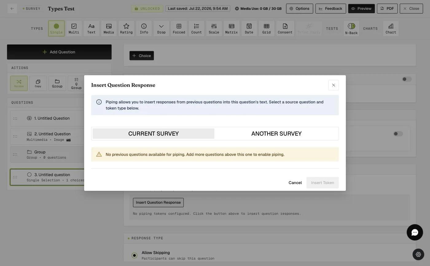 The Another Survey tab of the piping modal for cross-survey piping