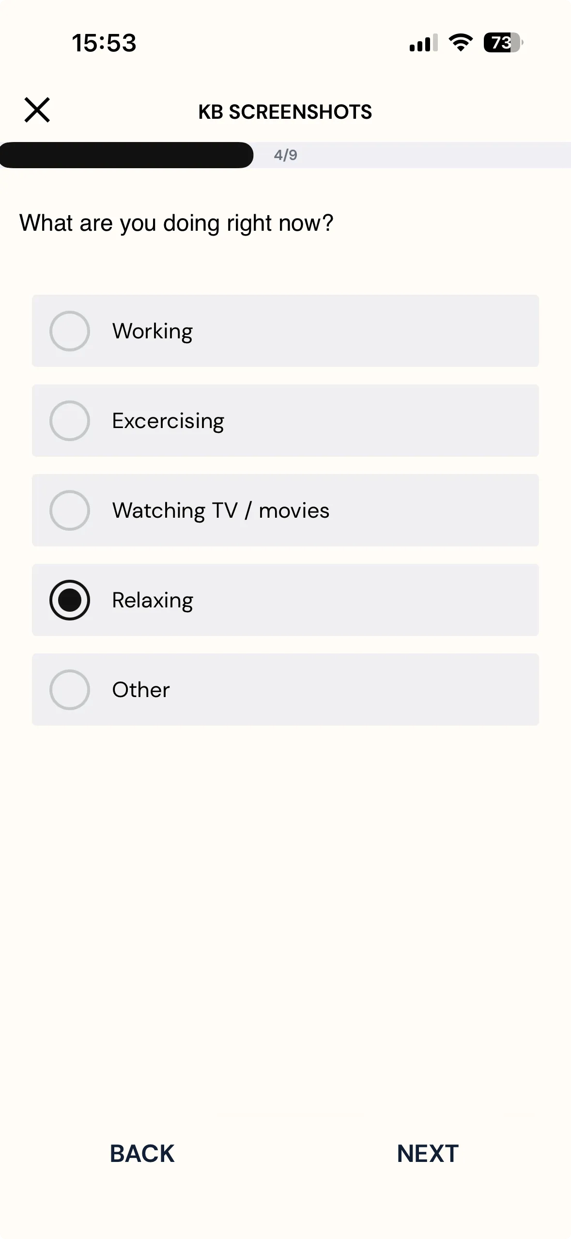 The KB Screenshots survey on the ExpiWell mobile app showing question 4 of 9, What are you doing right now?, with Relaxing selected from five choices