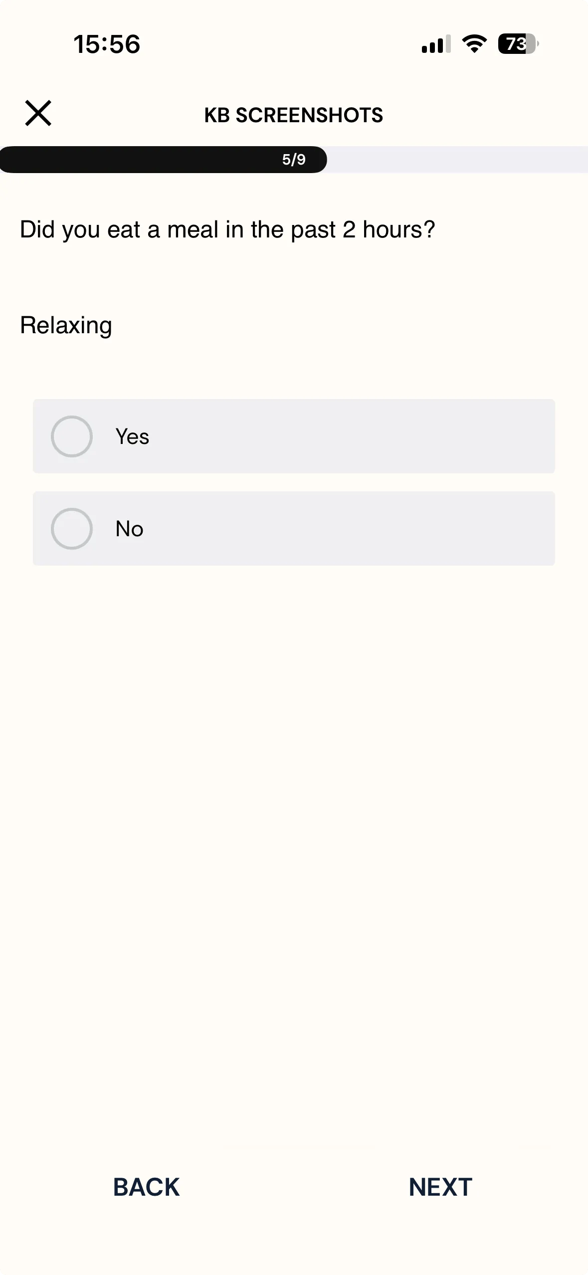 Question 5 of 9 on the mobile app, Did you eat a meal in the past 2 hours?, with the piped answer Relaxing shown below the question text and Yes/No choices