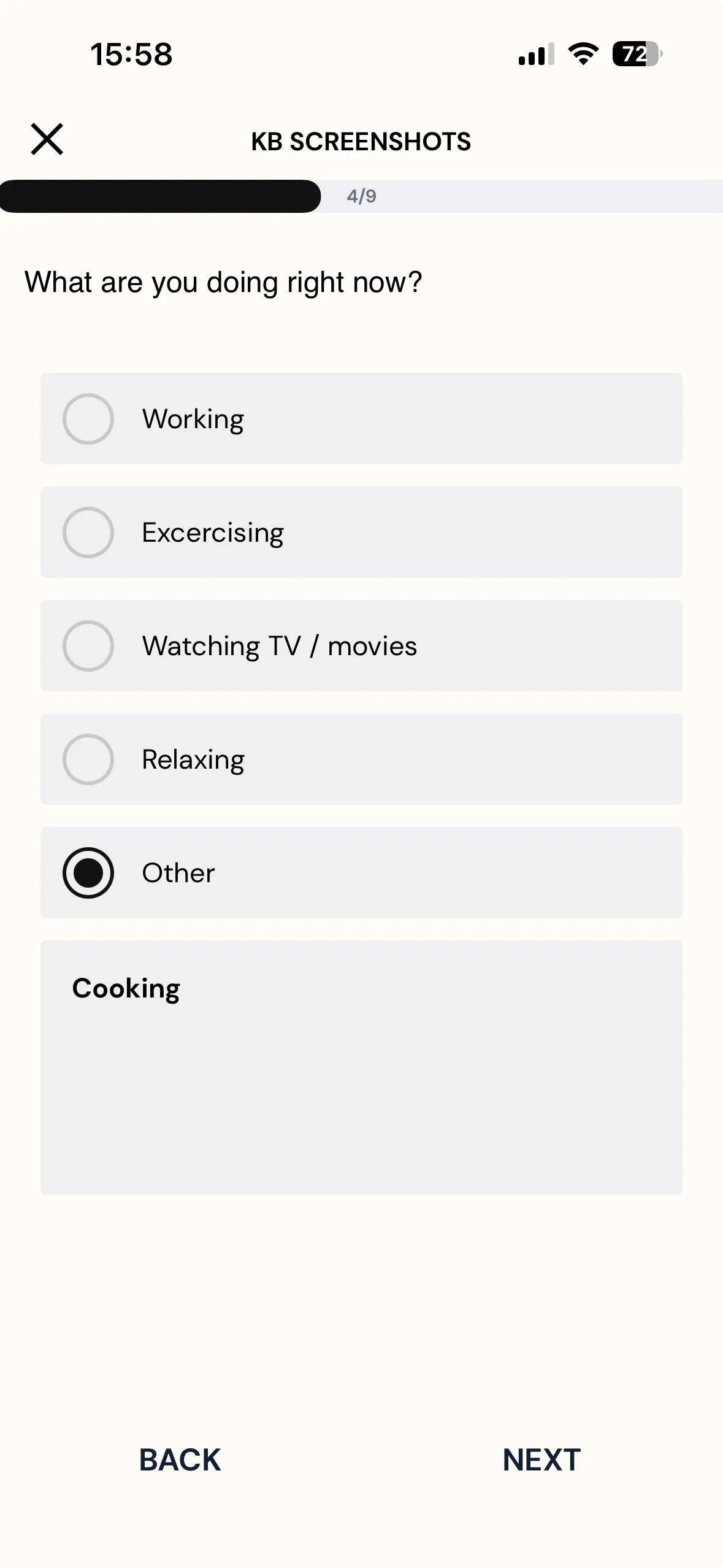 Question 4 of 9 on the mobile app with the Other choice selected and the custom text Cooking typed into the free-text field below