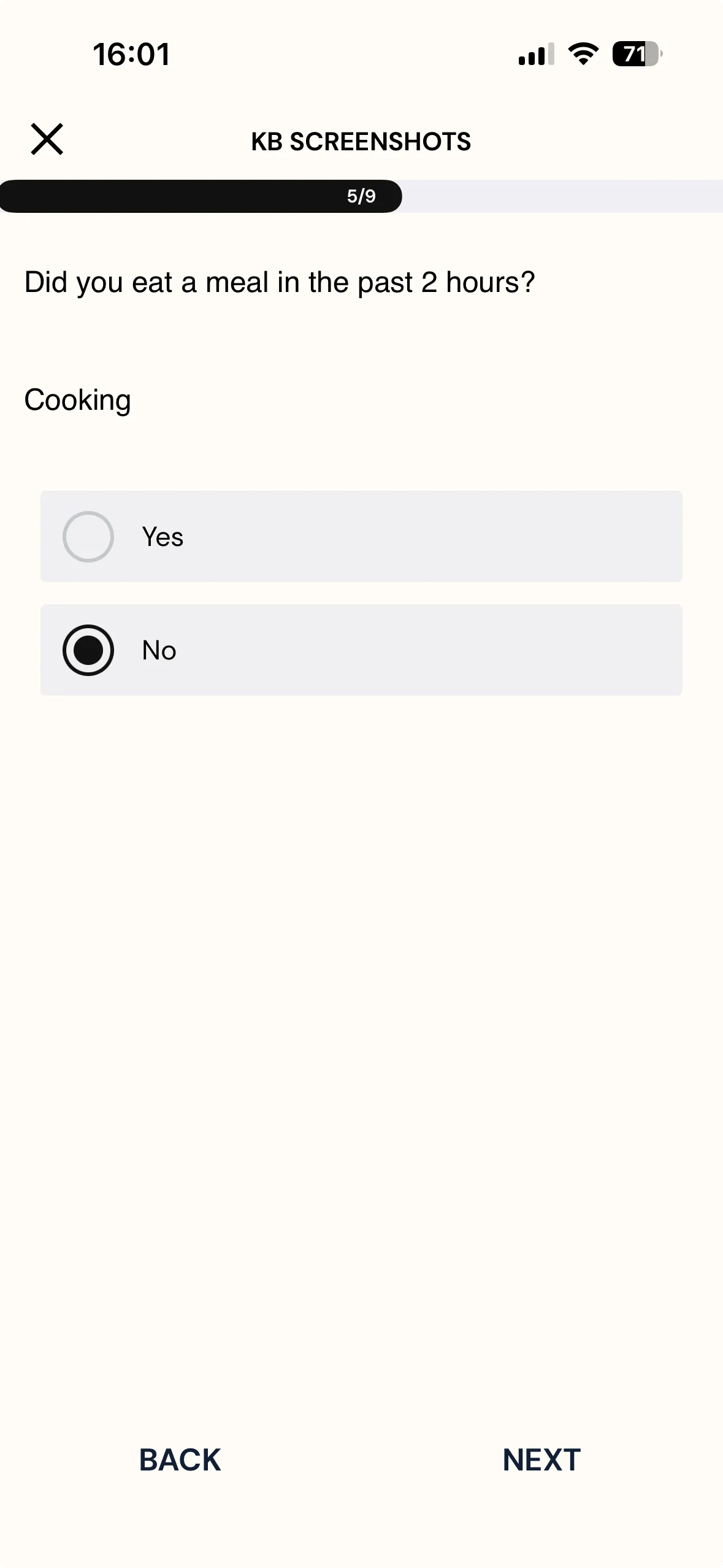 Question 5 of 9 on the mobile app, Did you eat a meal in the past 2 hours?, with the custom Other response Cooking piped in below the question text and No selected