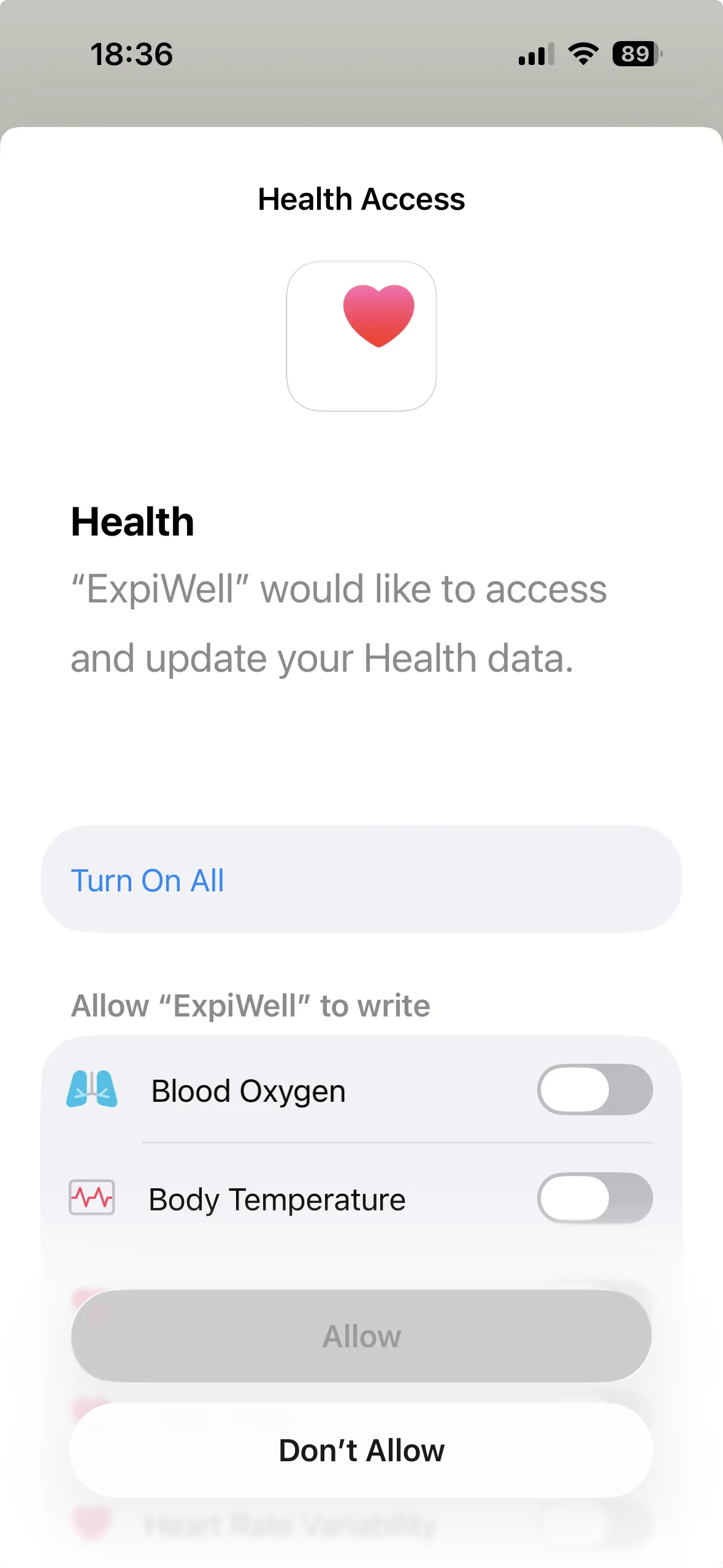 Apple's Health Access sheet for ExpiWell with a Turn On All button, individual data toggles all switched off, and the Allow button grayed out