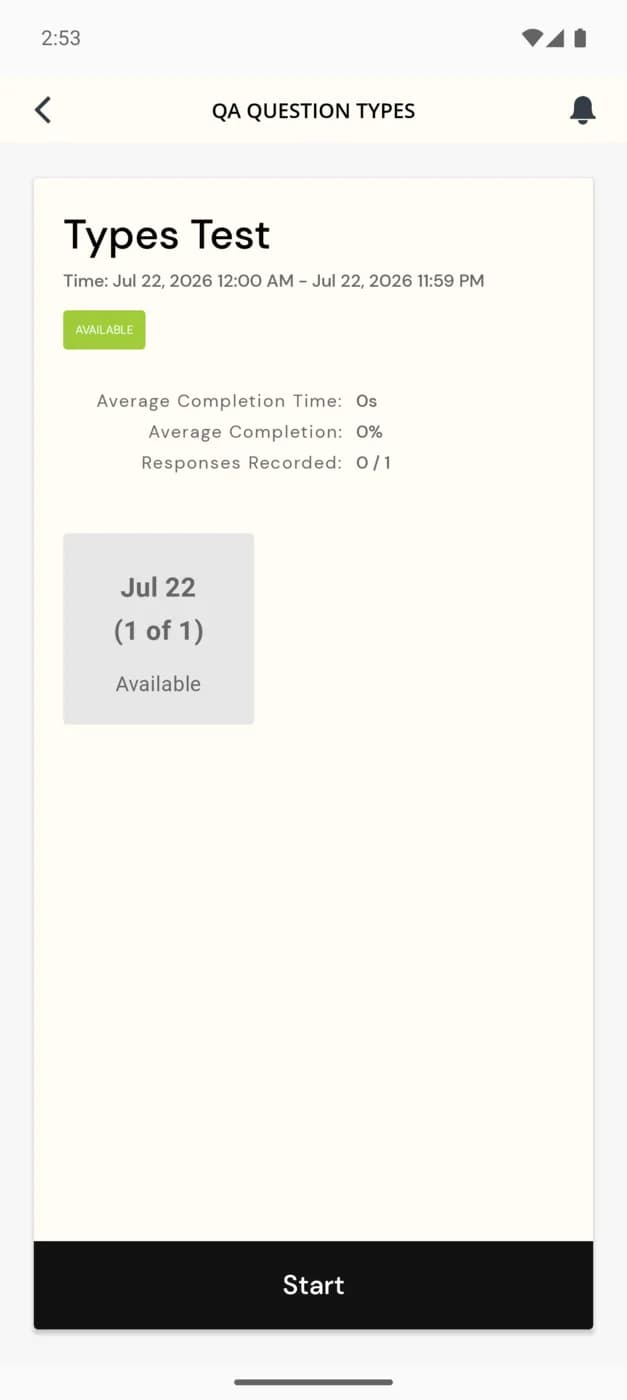 The survey start screen in the app, where the daily data sync (survey start) occurs