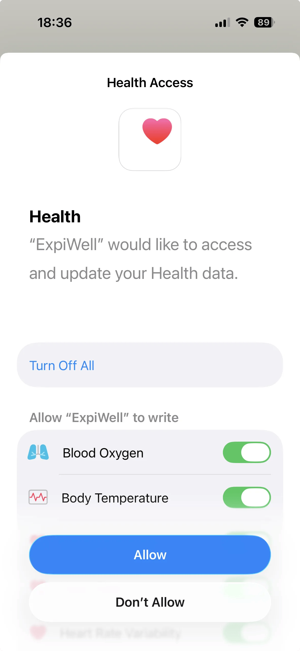 The same Health Access sheet after tapping Turn On All, with every toggle green, the button now reading Turn Off All, and the Allow button enabled in blue