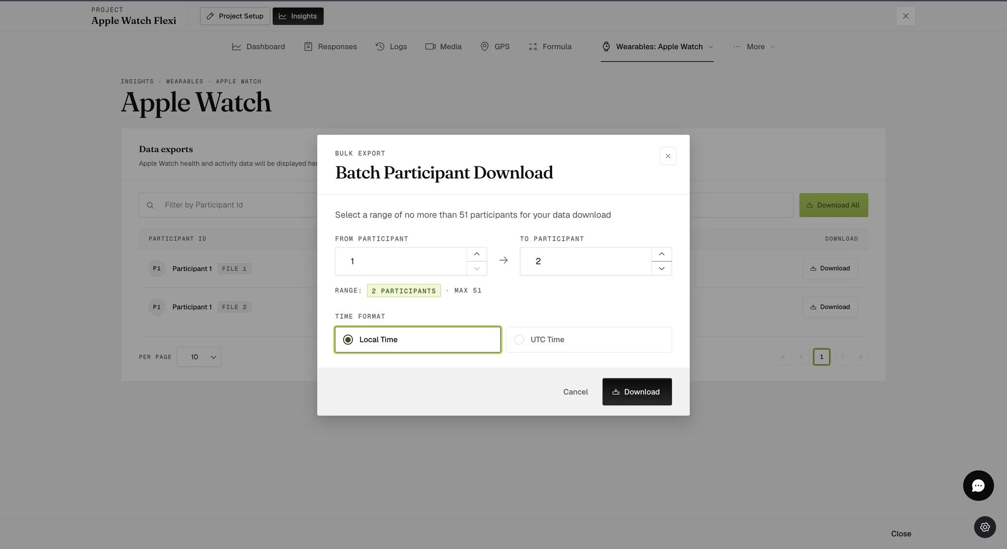 A Batch Participant Download dialog with from and to participant number fields, a range readout showing two participants against a maximum of 51, and a time format choice of Local Time or UTC Time