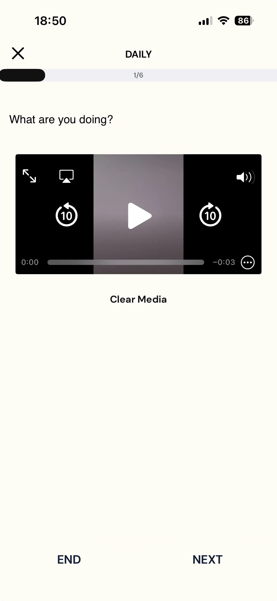 The same question after recording, the record button replaced by a playback widget with a scrubber reading minus three seconds, and Clear Media beneath it