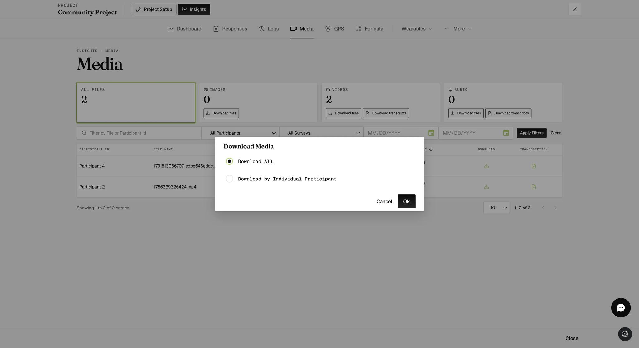 A Download Media dialog over the Media tab, offering Download All or Download by Individual Participant as radio options with Cancel and Ok buttons