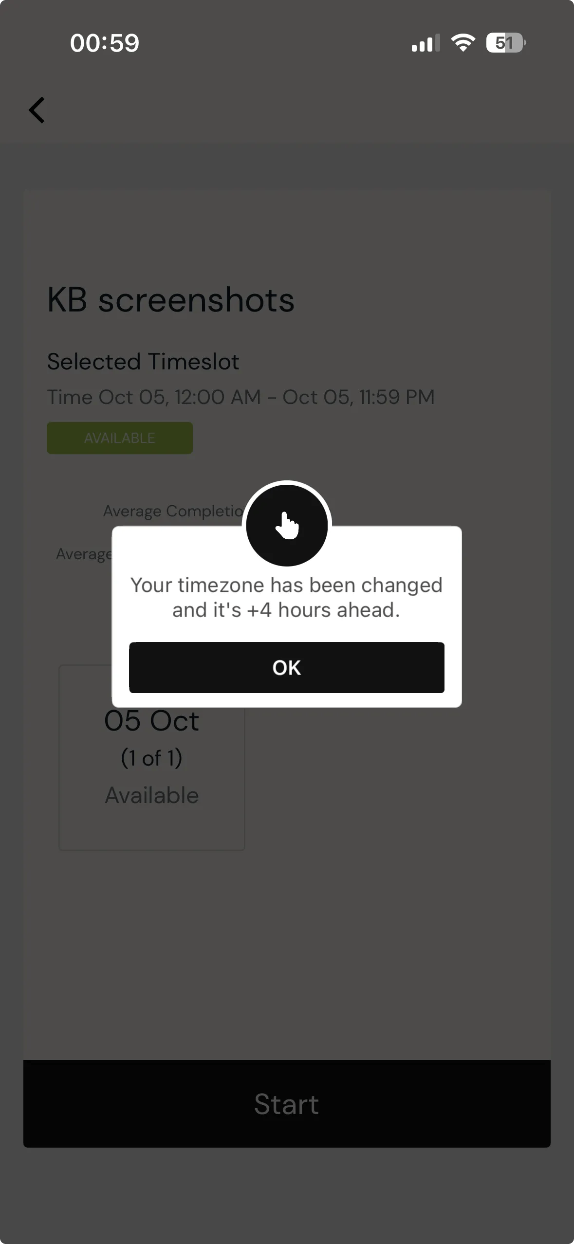 The ExpiWell mobile app showing a dialog over a survey timeslot reading that the participant's timezone has been changed and it is four hours ahead, with an OK button