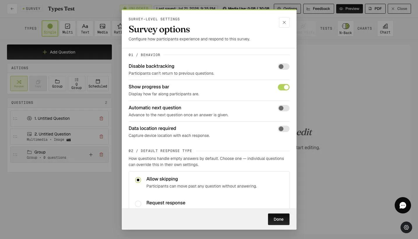 The Survey options modal with the Automatic next question toggle under Behavior settings