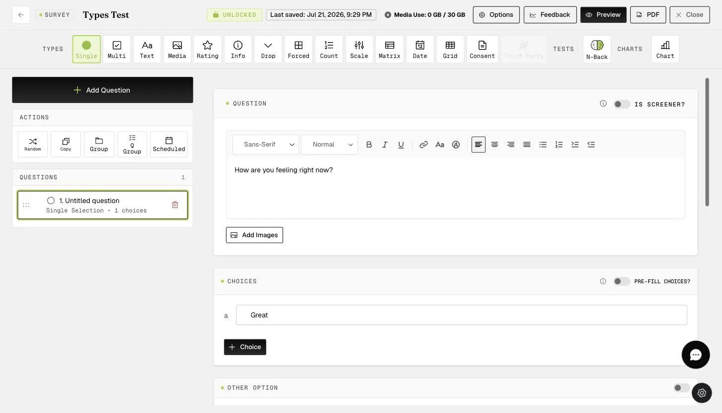The survey builder where survey-level options like Automatic next question are configured