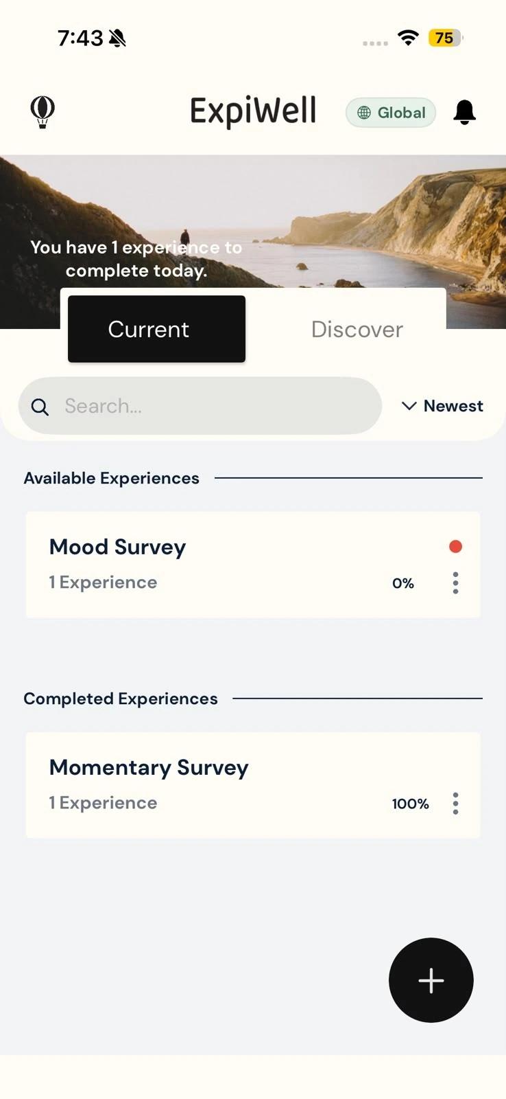 The Current tab on iPhone with the line You have 1 experience to complete today. Under Available Experiences, the Mood Survey card shows 1 Experience, 0% and a red dot; under Completed Experiences, the Momentary Survey card shows 1 Experience and 100%