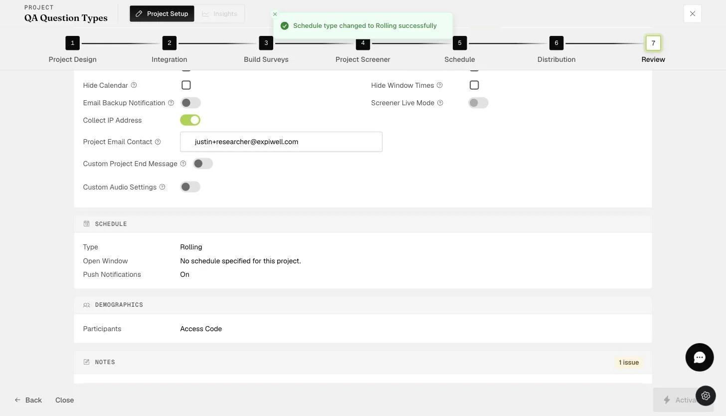 The Review step settings showing the Email Backup Notification toggle among the project options