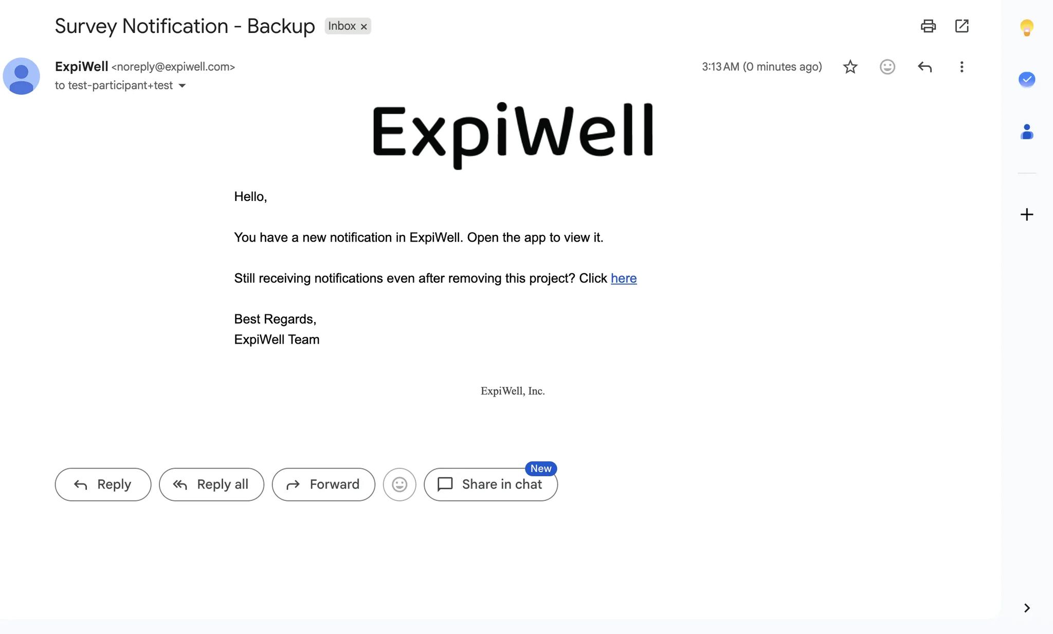 An email from ExpiWell headed Survey Notification - Backup, telling the participant they have a new notification in ExpiWell and to open the app to view it, above a line offering a link for anyone still receiving notifications after removing the project