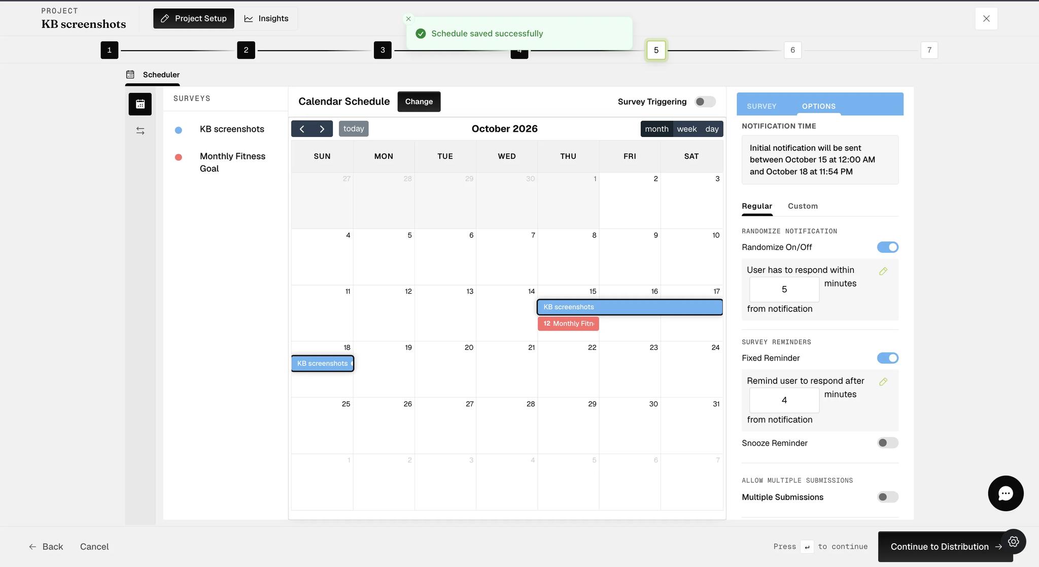 The OPTIONS tab for a survey on a Calendar schedule with Randomize switched on, revealing a field reading that the user has to respond within 5 minutes from notification, and a Fixed Reminder set to 4 minutes beneath it, above the snooze toggle and the Multiple Submissions switch
