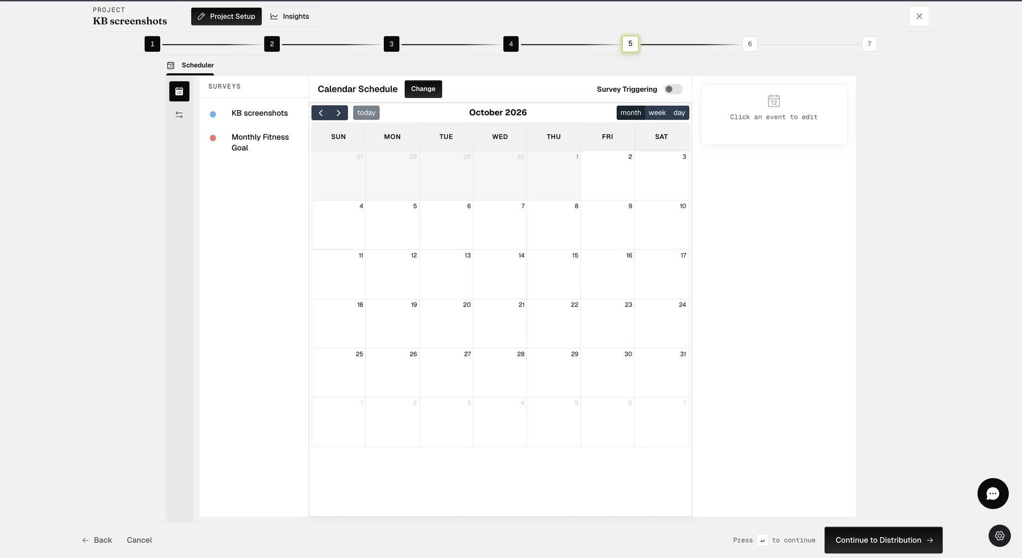 The Calendar Schedule view with the project's surveys listed down the left, a month grid of dates filling the rest of the screen, and month, week and day view buttons above it