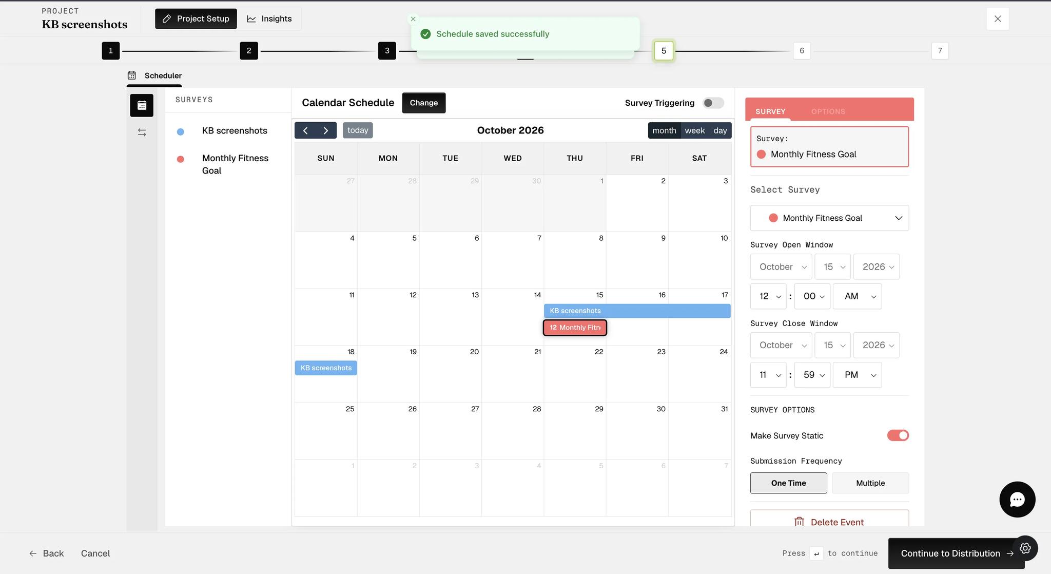The panel for a static survey on a calendar schedule, with Make Survey Static switched on and a Submission Frequency setting offering One Time or Multiple
