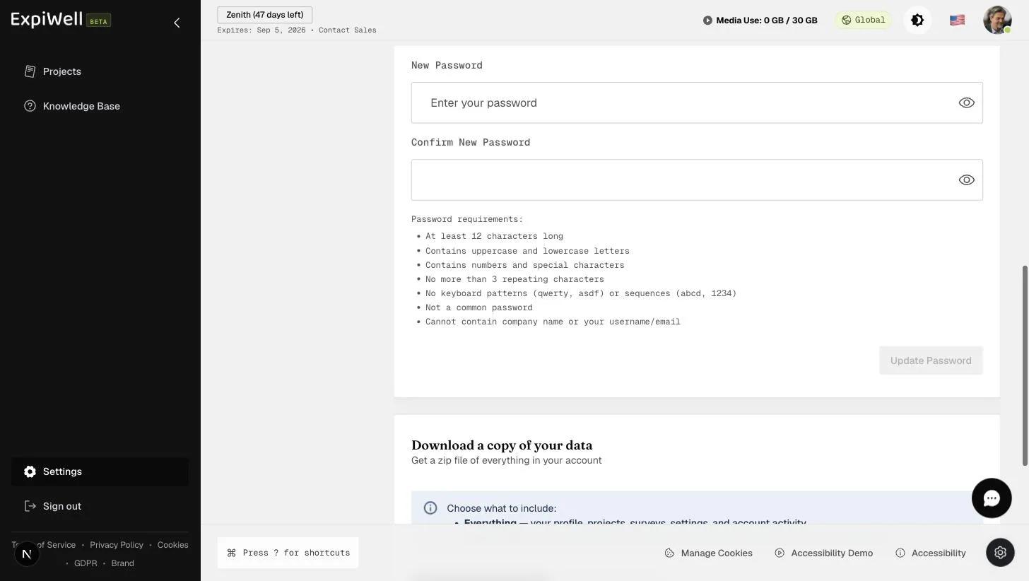 The password section of Account settings with current, new, and confirm fields and the full password requirements list