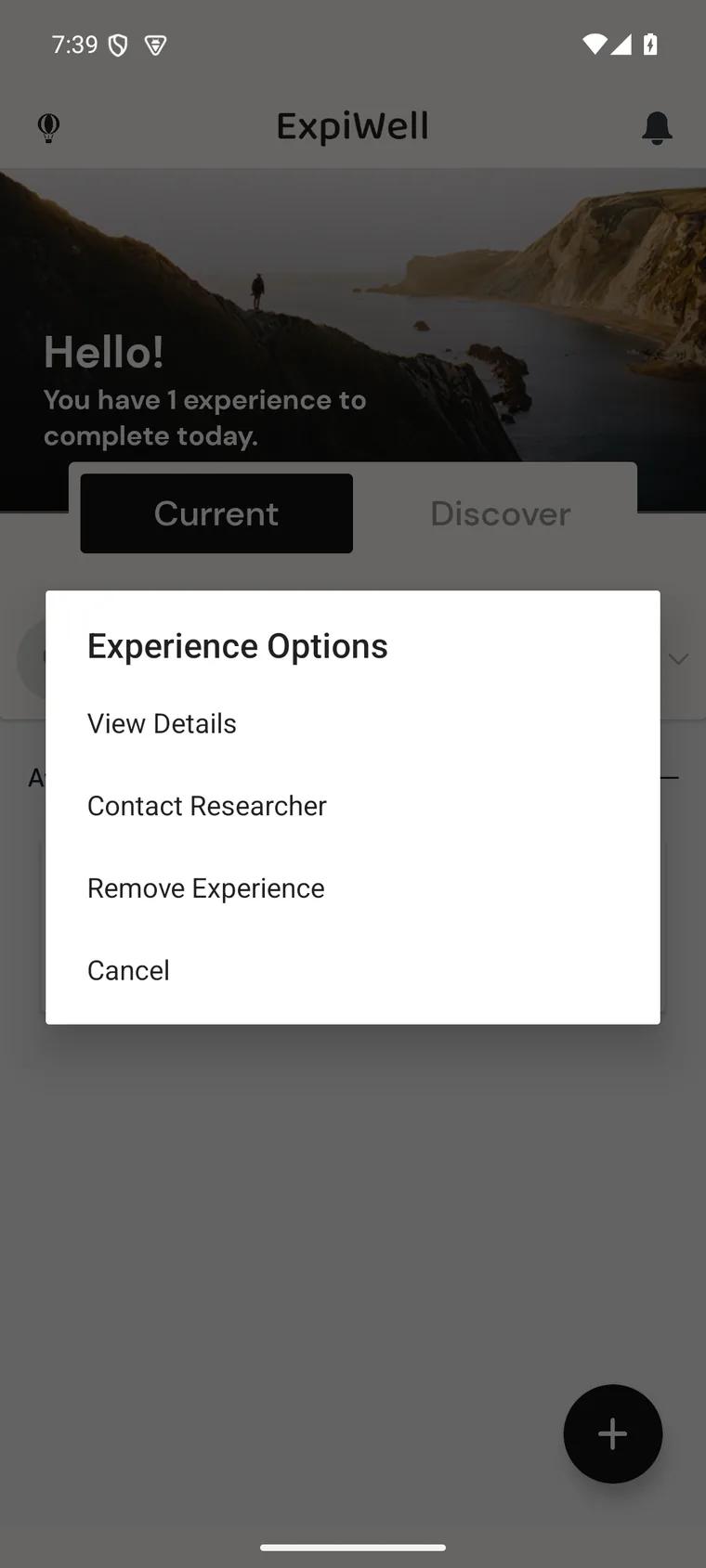 The Experience Options menu opened from a study card on the Current tab, listing View Details, Contact Researcher, Remove Experience and Cancel