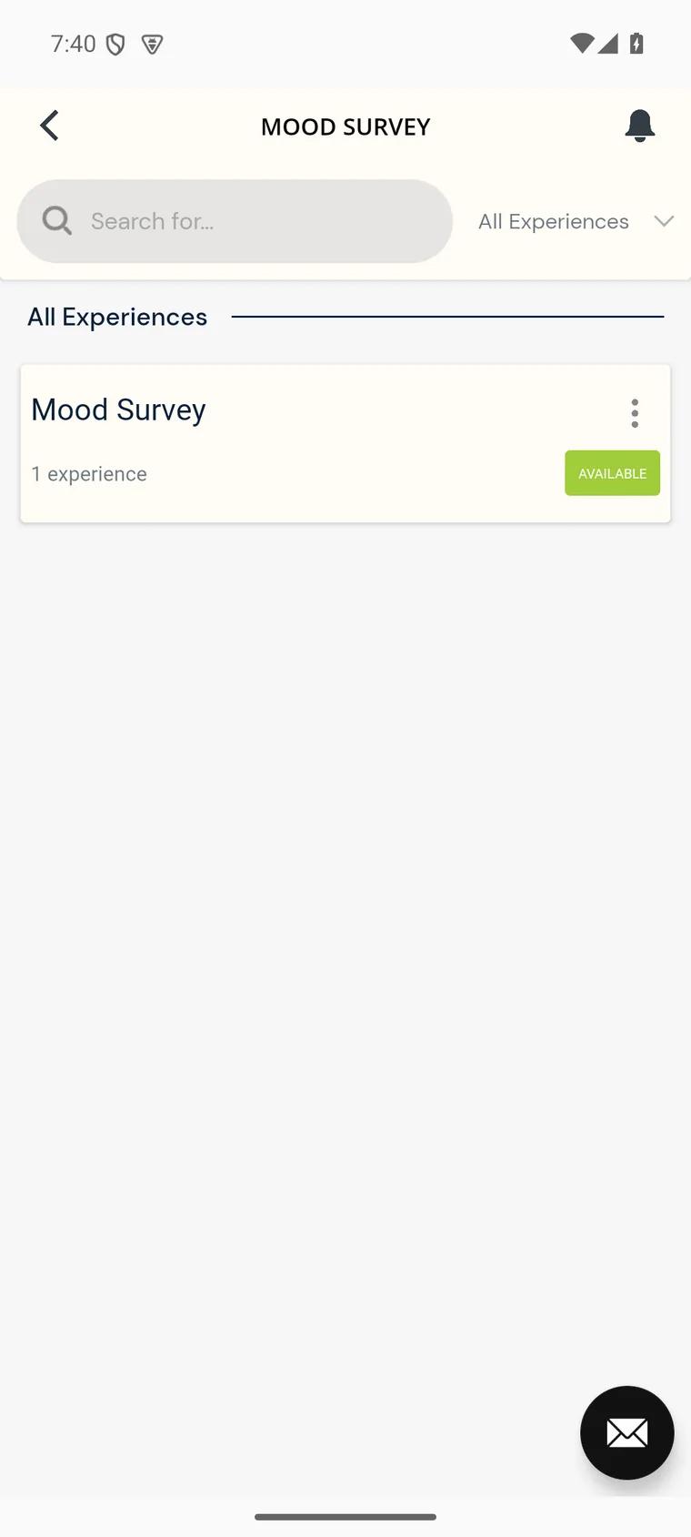 A study opened from the home screen, listing its survey as Available, with the round envelope button in the bottom-right corner