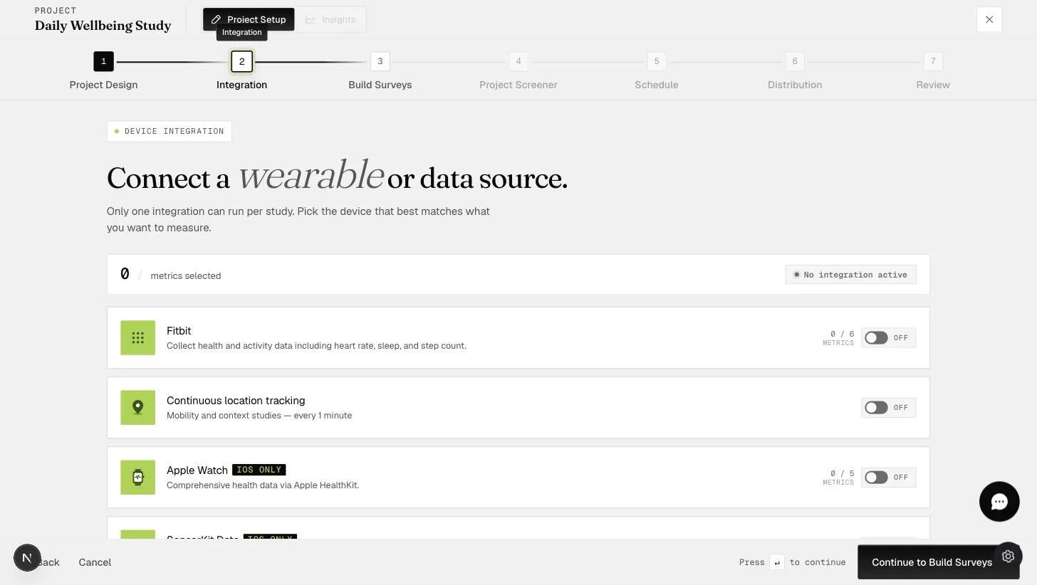 The Integration step of project setup with the continuous location tracking option for mobility and context studies alongside wearable data sources