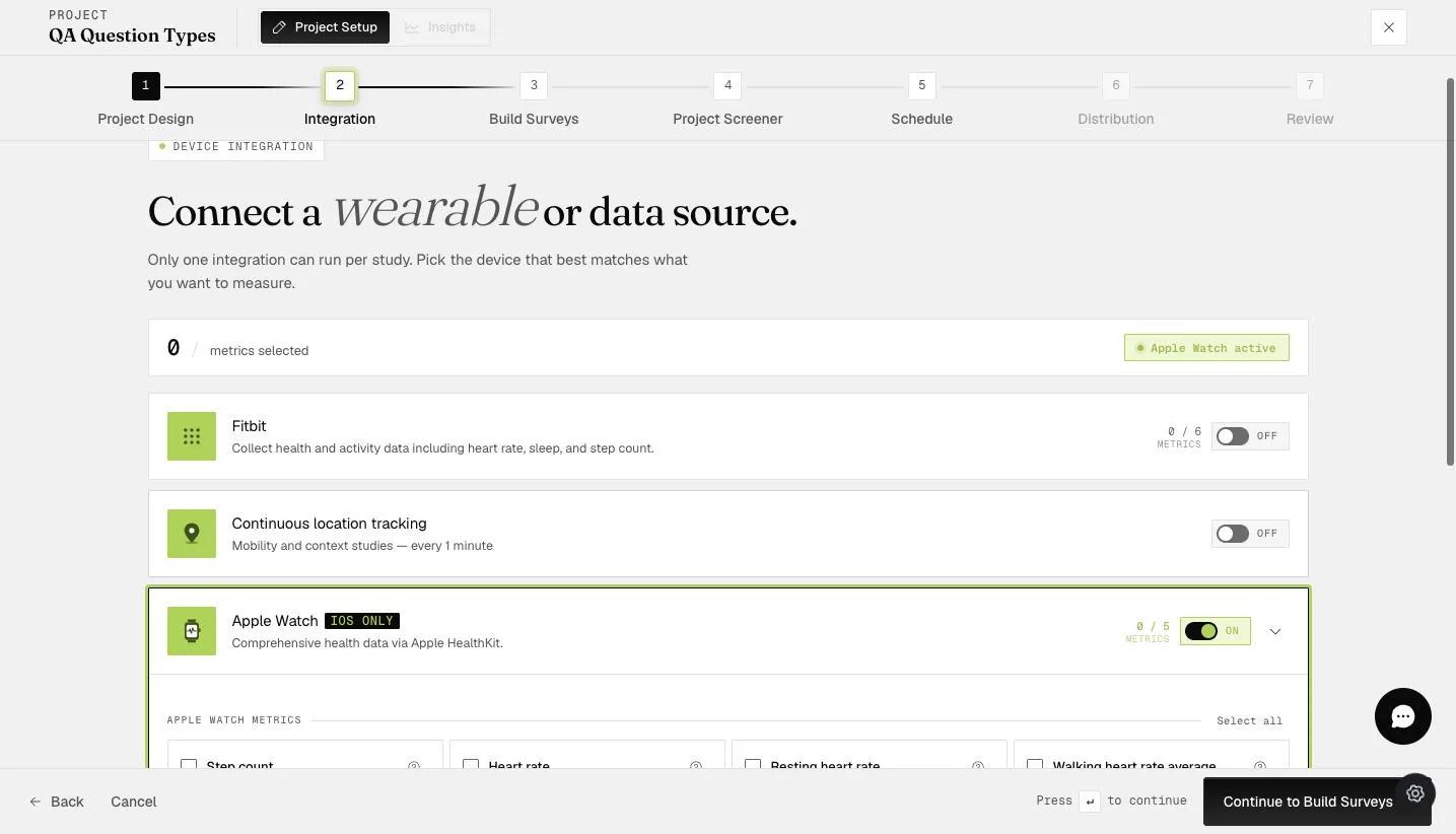 The Integration step listing Fitbit, Continuous location tracking, Apple Watch, and SensorKit