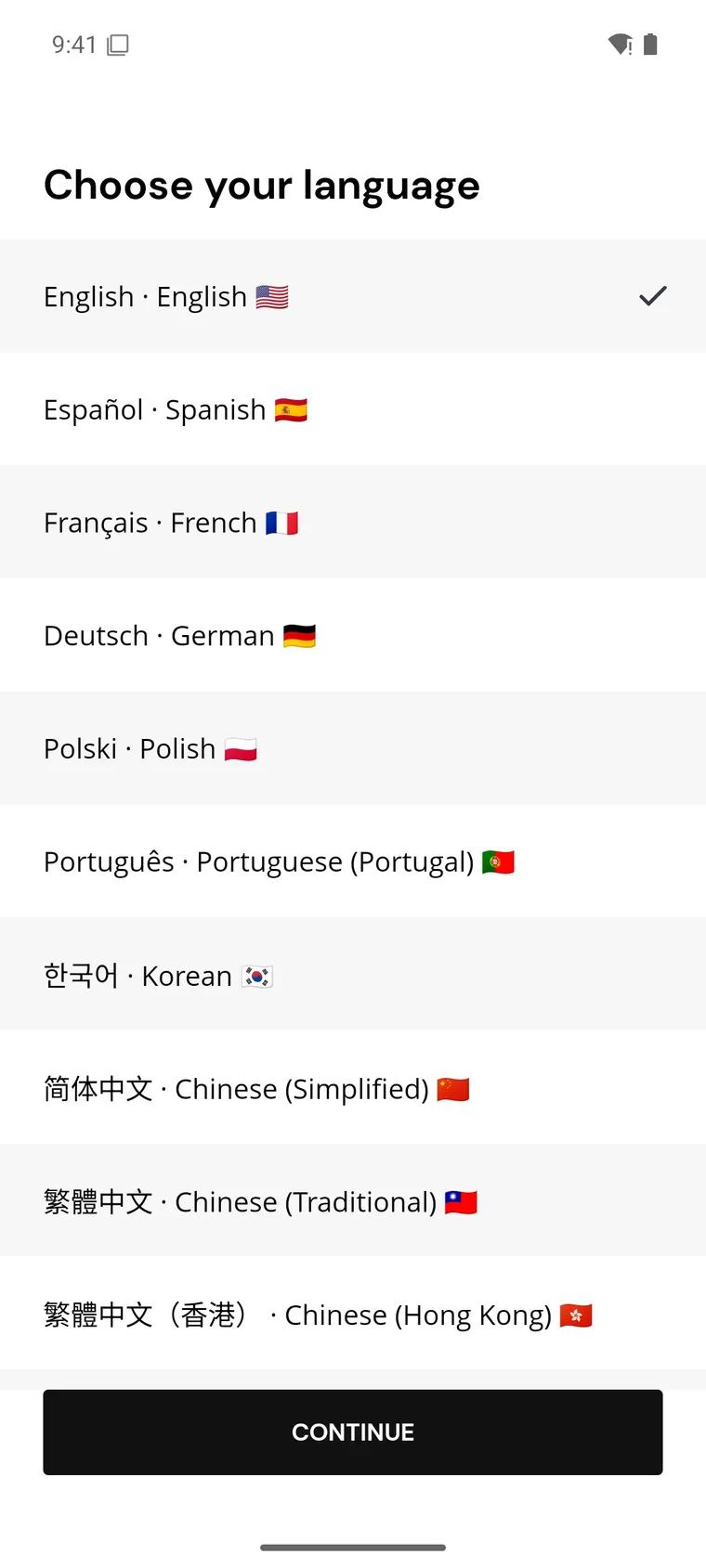 The Choose your language screen listing the app's languages, each with its native name and flag, with English selected and a Continue button
