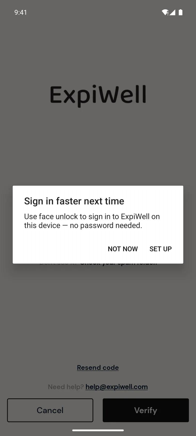 A Sign in faster next time dialog offering to use the phone's unlock to sign in to ExpiWell without a password, with Not now and Set up buttons