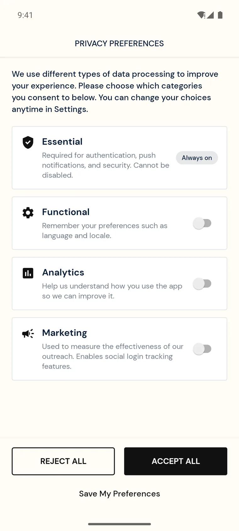 The Privacy Preferences screen with Essential marked Always on, switches for Functional, Analytics and Marketing, and Reject All, Accept All and Save My Preferences buttons