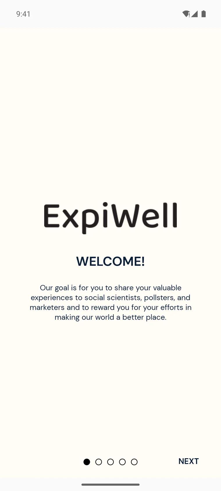 The first introduction screen, headed Welcome, explaining that ExpiWell lets you share your experiences with researchers and be rewarded, with a Next button