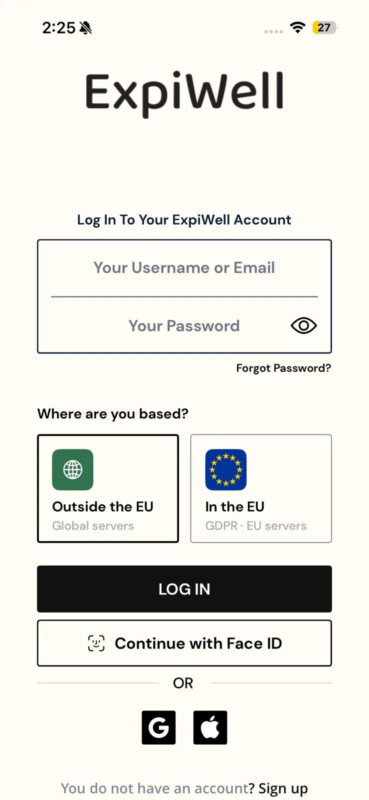The iPhone Log In screen with the Where are you based region cards, Log In and Continue with Face ID buttons, then OR, the Google and Apple icons, and You do not have an account? Sign up