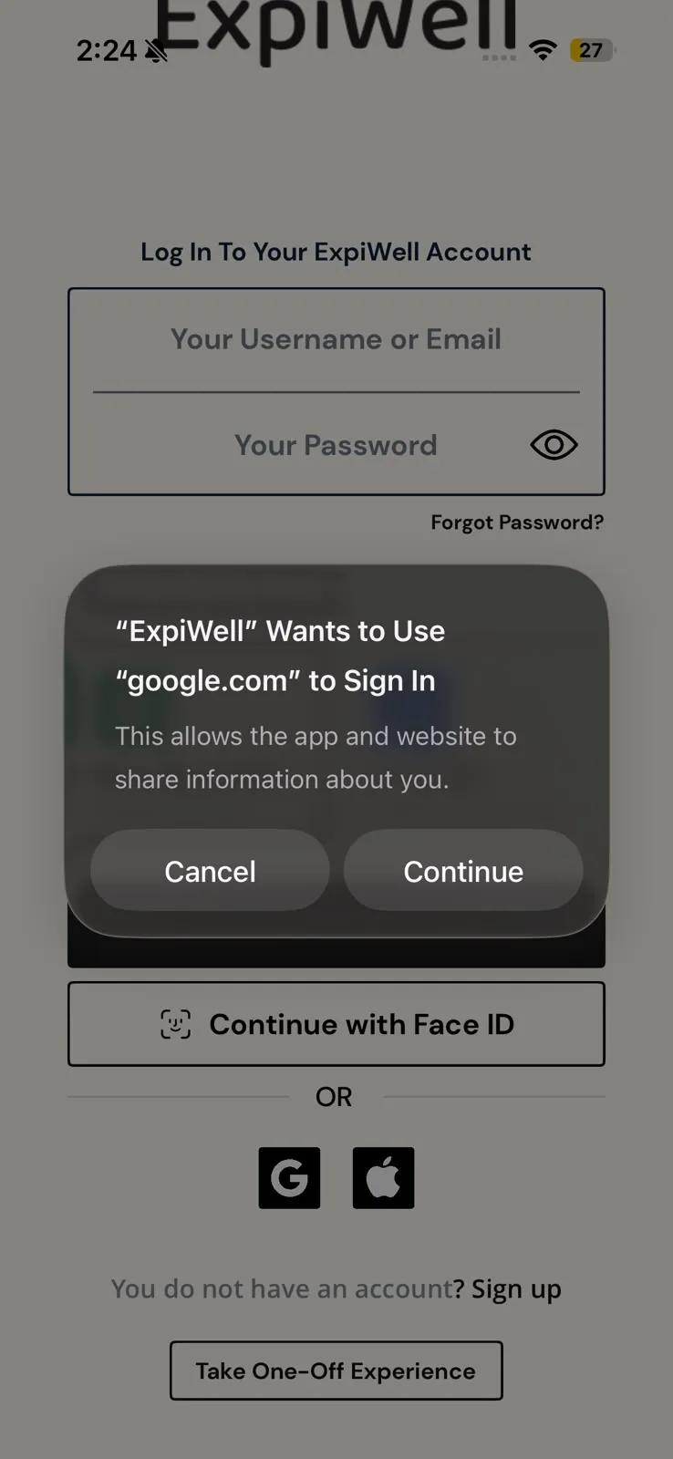 An iPhone prompt reading ExpiWell Wants to Use google.com to Sign In, explaining that this allows the app and website to share information about you, with Cancel and Continue buttons
