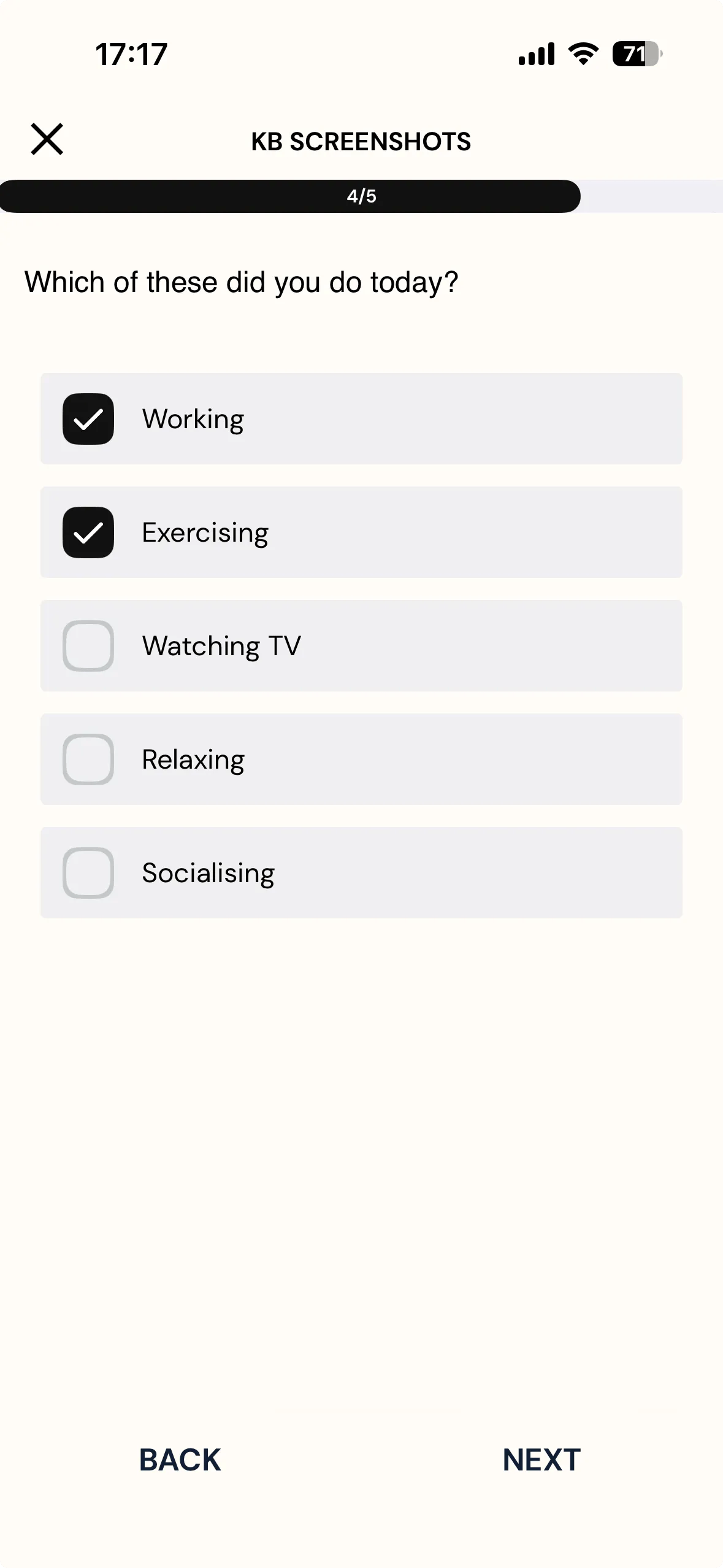 A Multiple Selection question on the ExpiWell mobile app asking which activities the participant did today, with two of the five options ticked