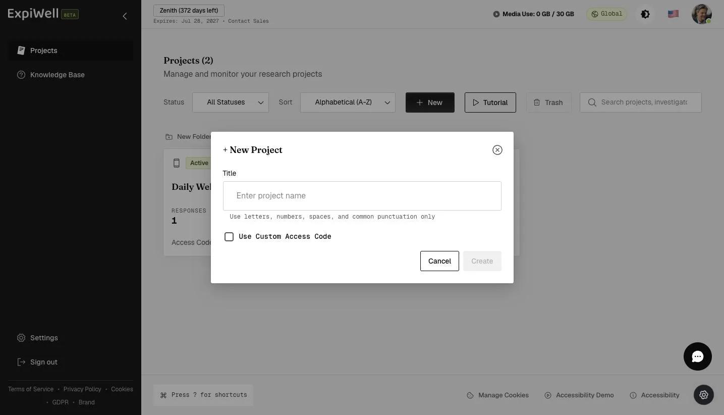 The New Project dialog with a title field, an optional custom access code checkbox, and Cancel/Create buttons