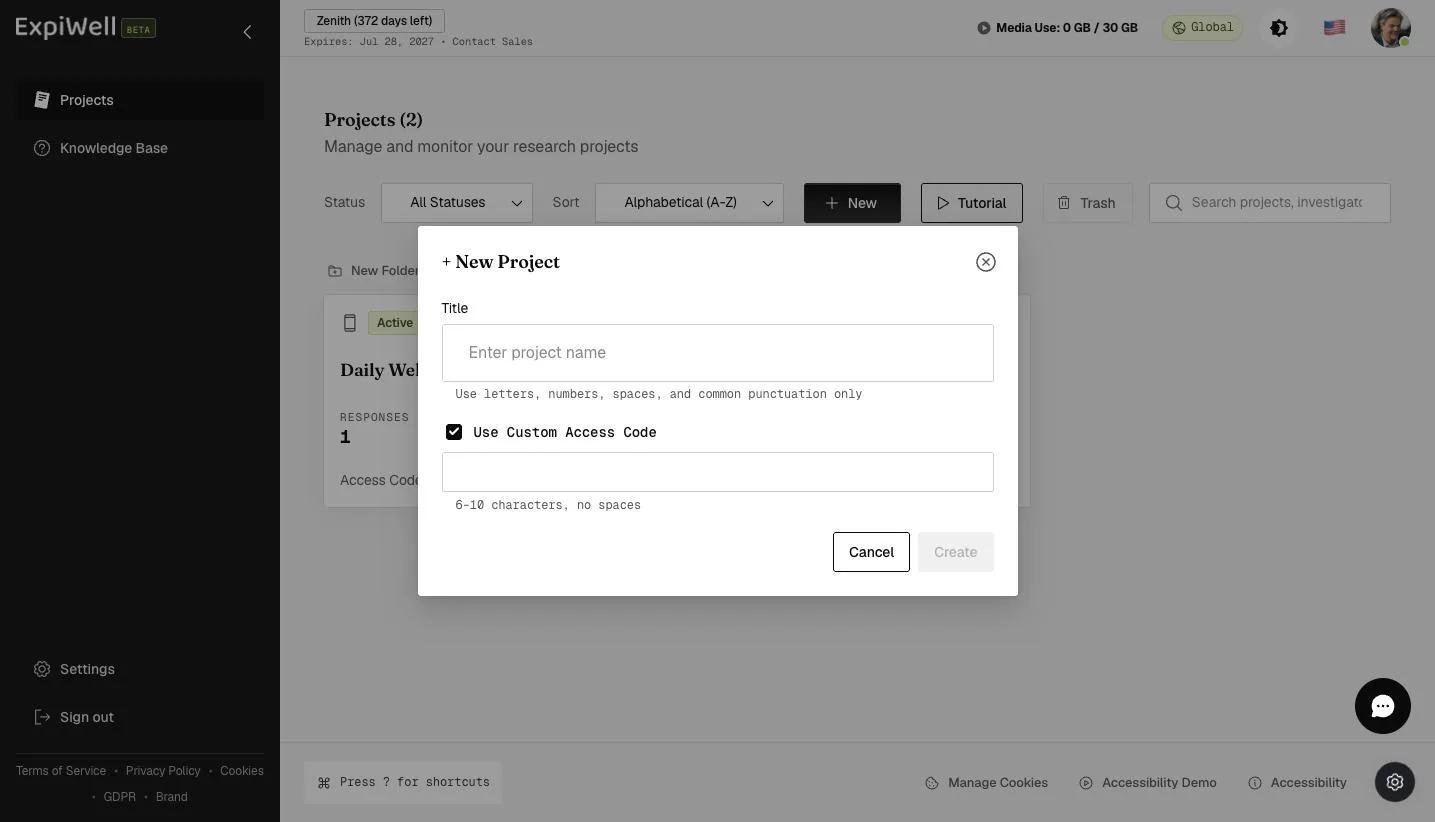 The New Project dialog with the Title field and Use Custom Access Code enabled, showing the 6-10 character rule