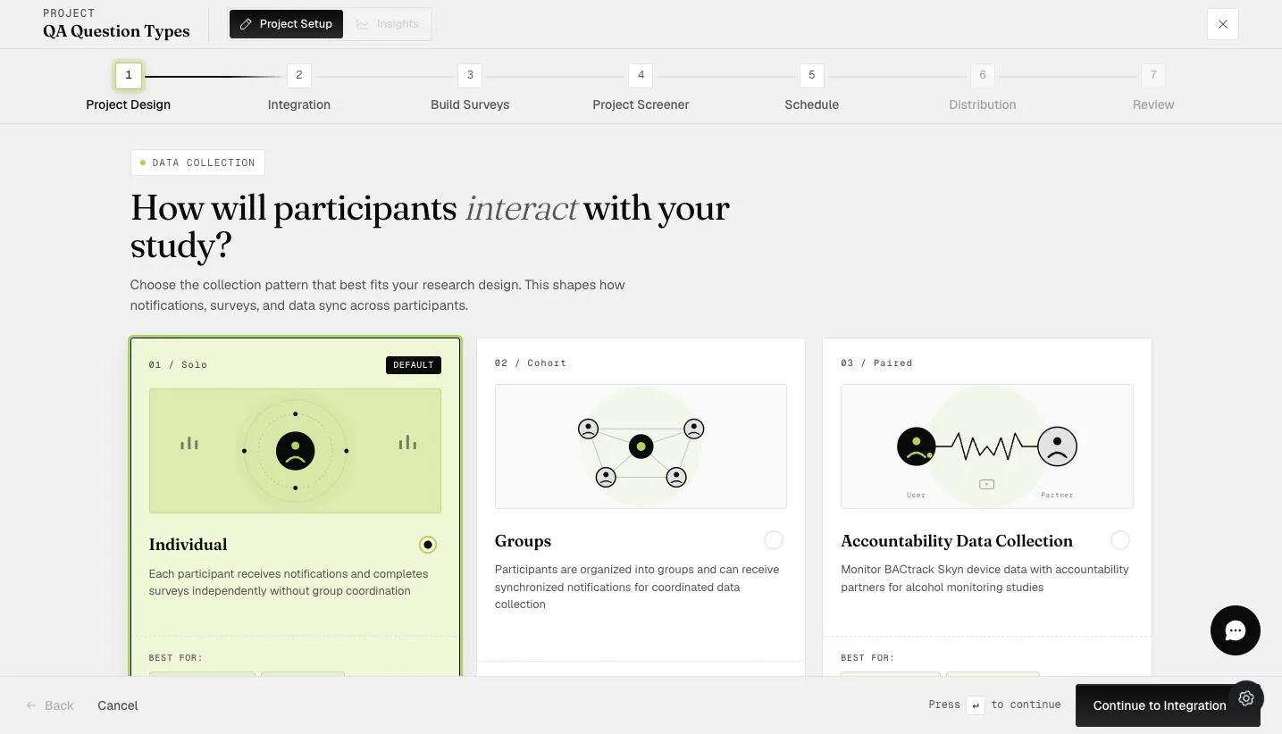 The project setup wizard's essential steps beginning with Project Design (Individual, Groups, or Accountability)
