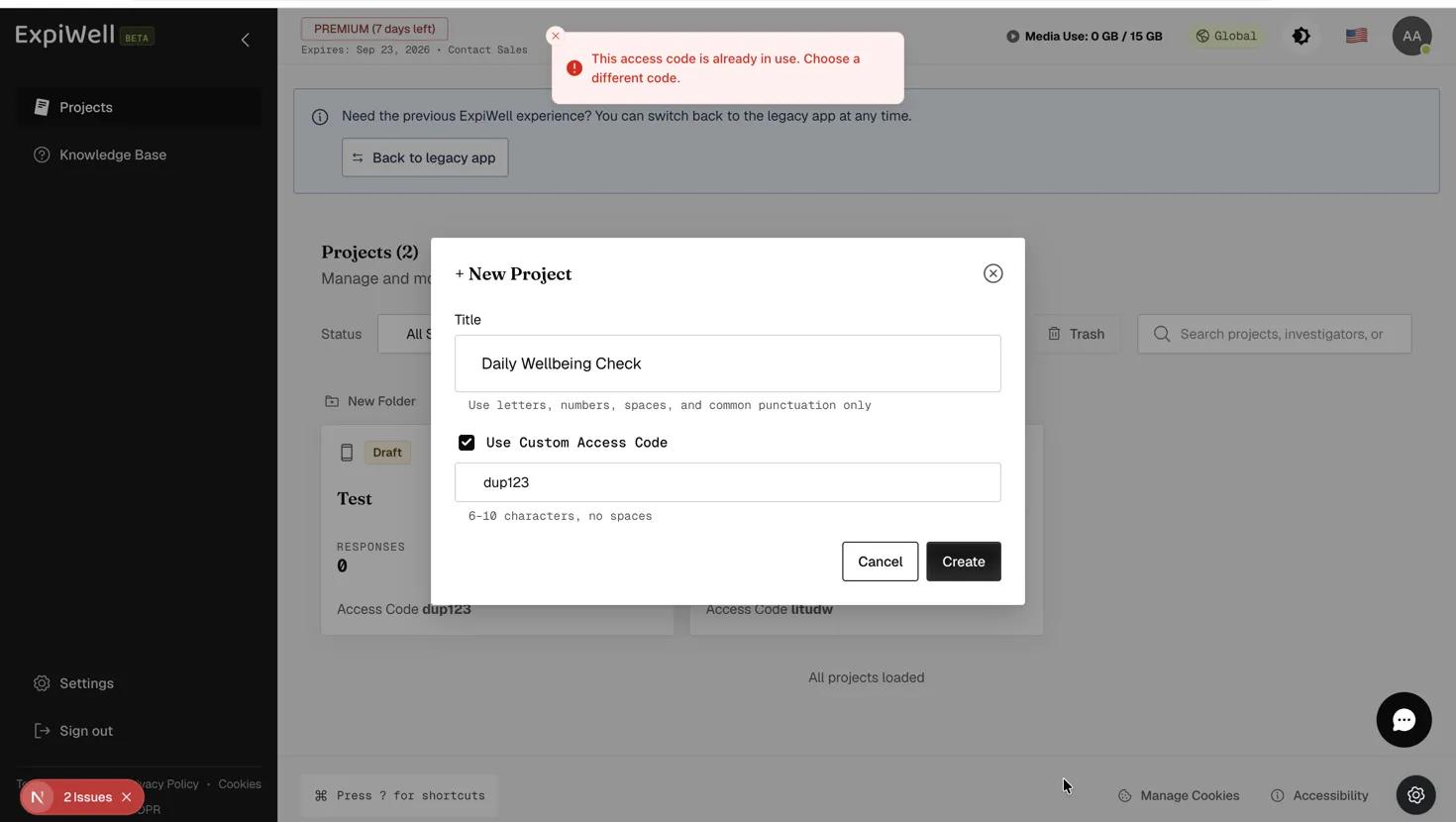 The New Project dialog showing a red error toast — This access code is already in use. Choose a different code.