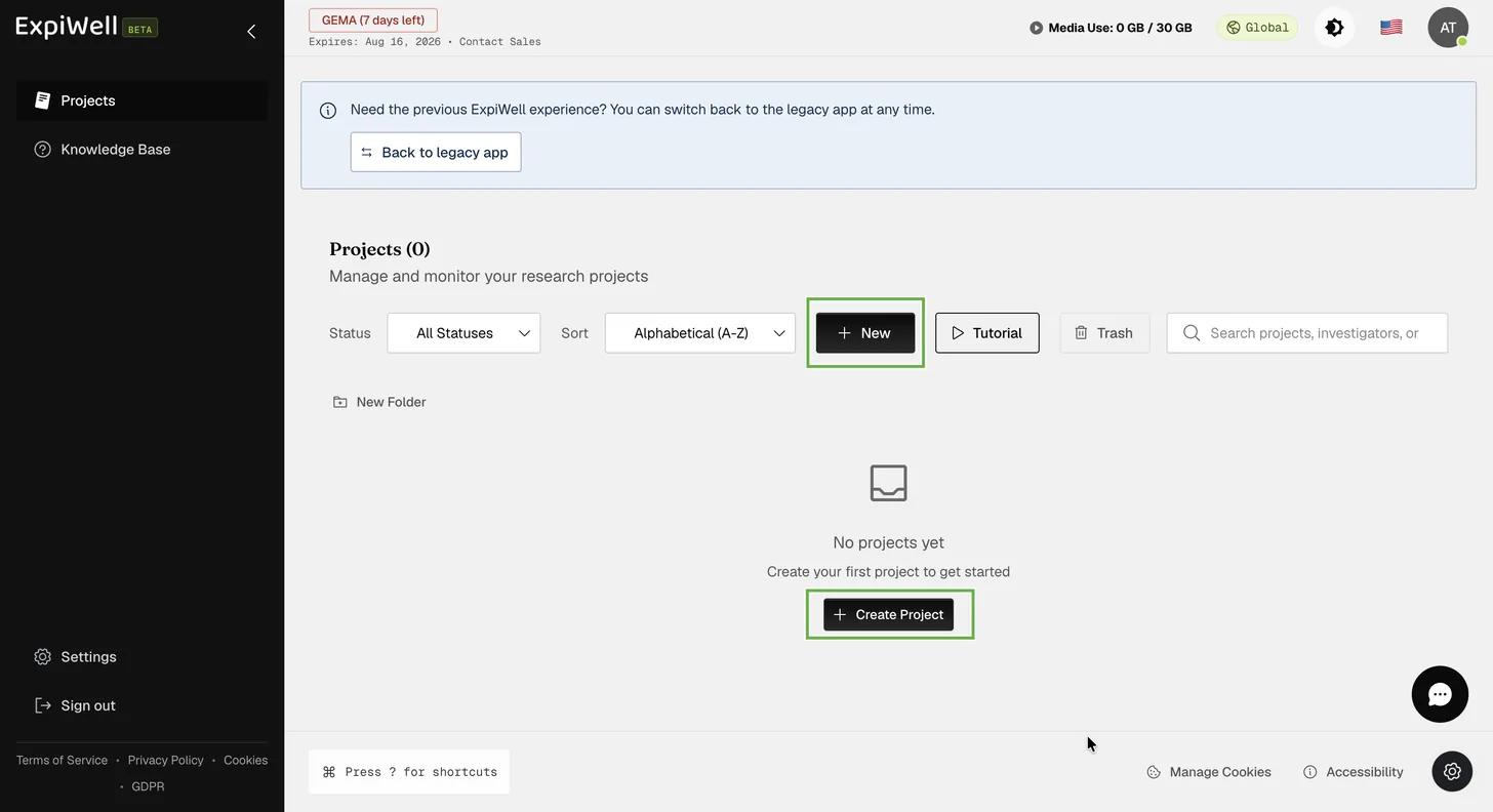 An empty ExpiWell projects dashboard. The New button sits in the toolbar above the project list, and a Create Project button sits in the centre of the page beneath "No projects yet".