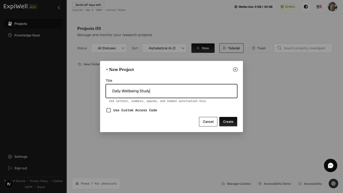 The New Project dialog with a title field, an optional custom access code checkbox, and Cancel/Create buttons
