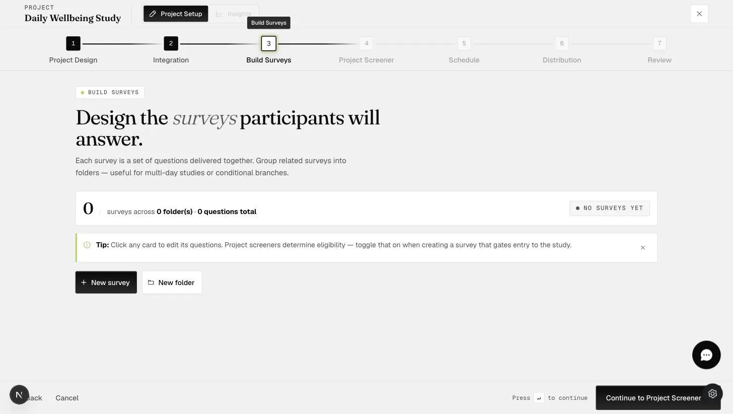 The Build Surveys step of project setup, listing survey cards with question and response counts, New survey and New folder buttons, and a Ready to Schedule badge