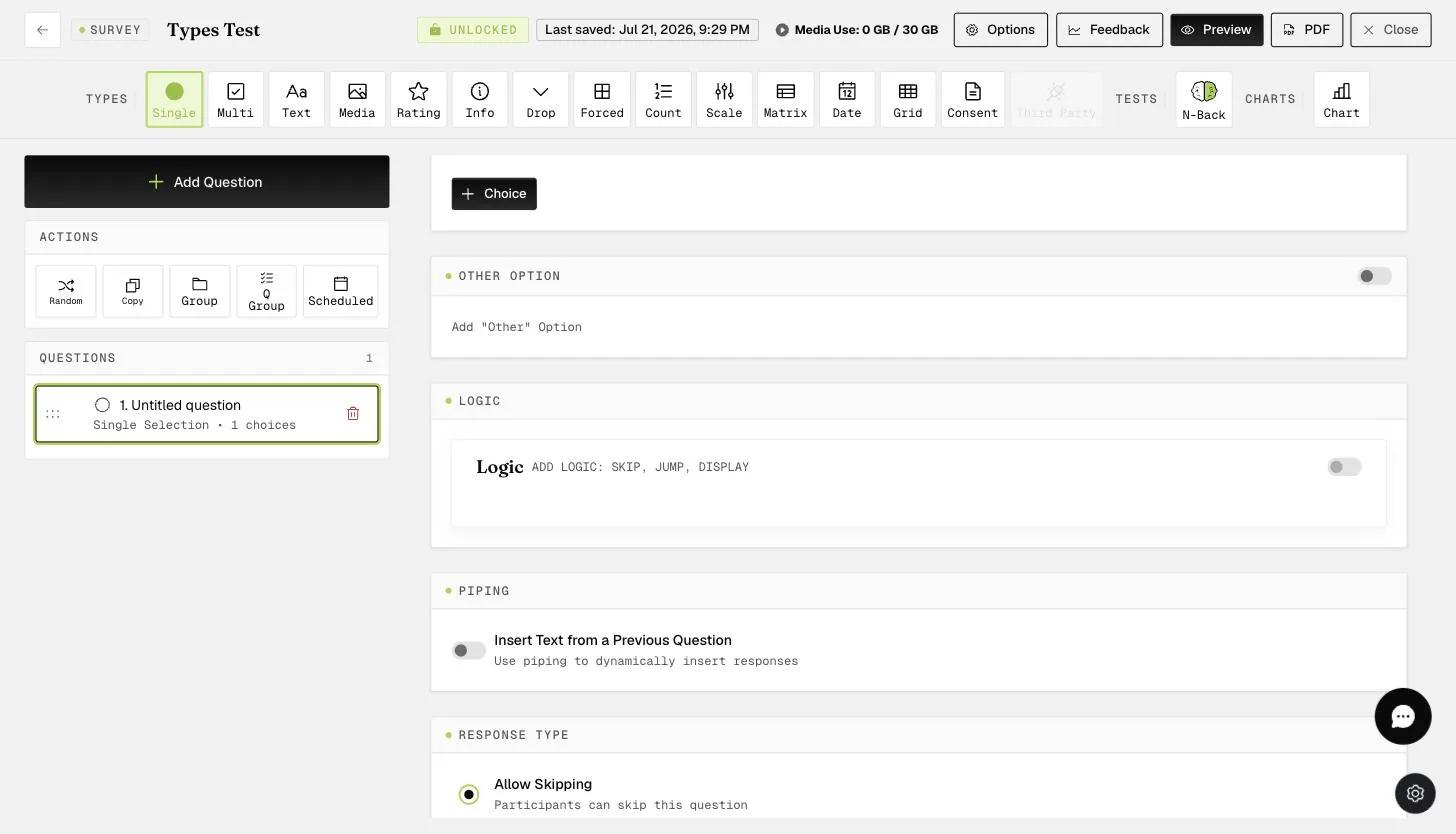 Scrolling a question reveals Logic, Piping, and Response Type options