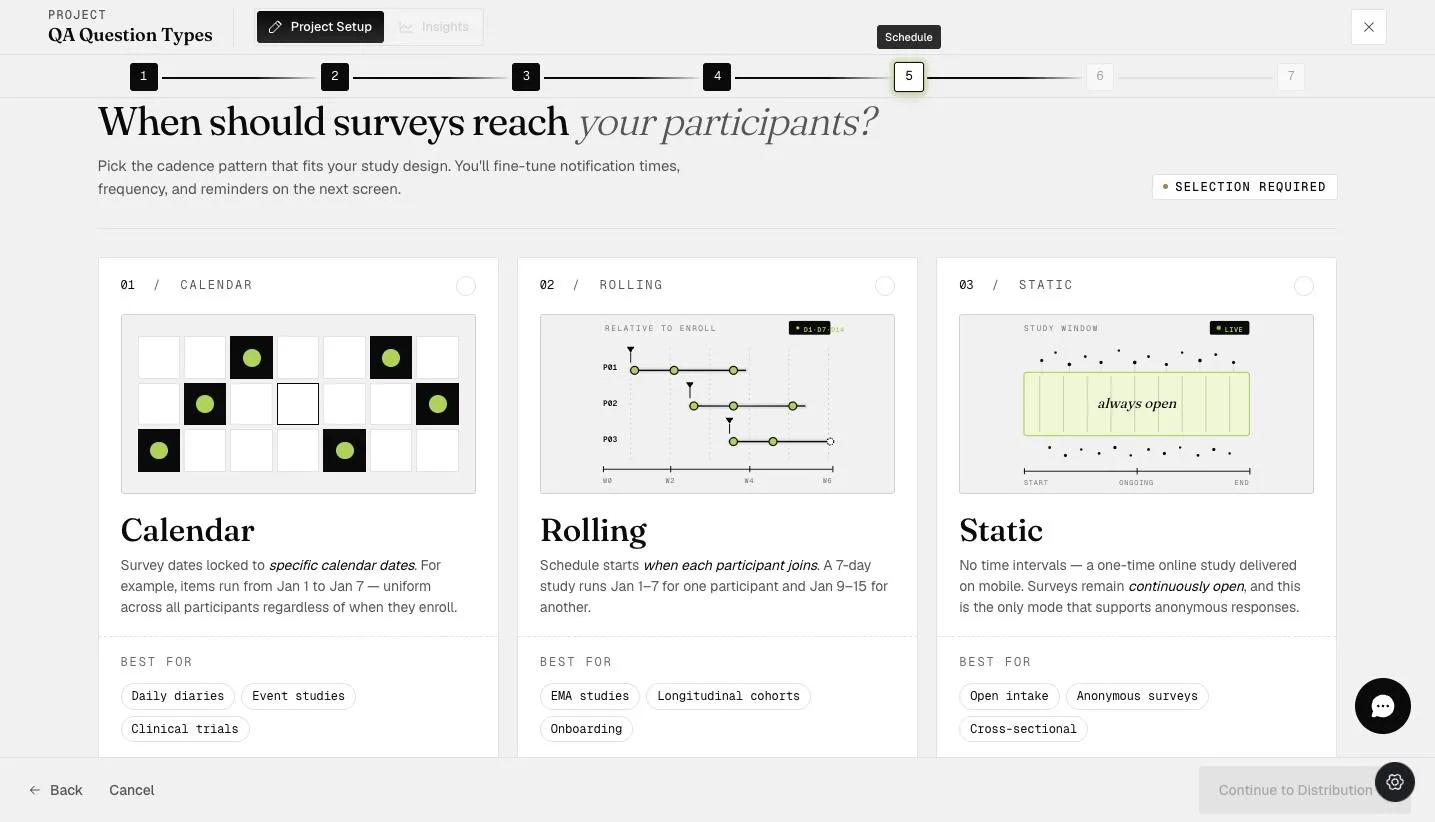 The Schedule step's schedule-type picker: Calendar, Rolling, and Static